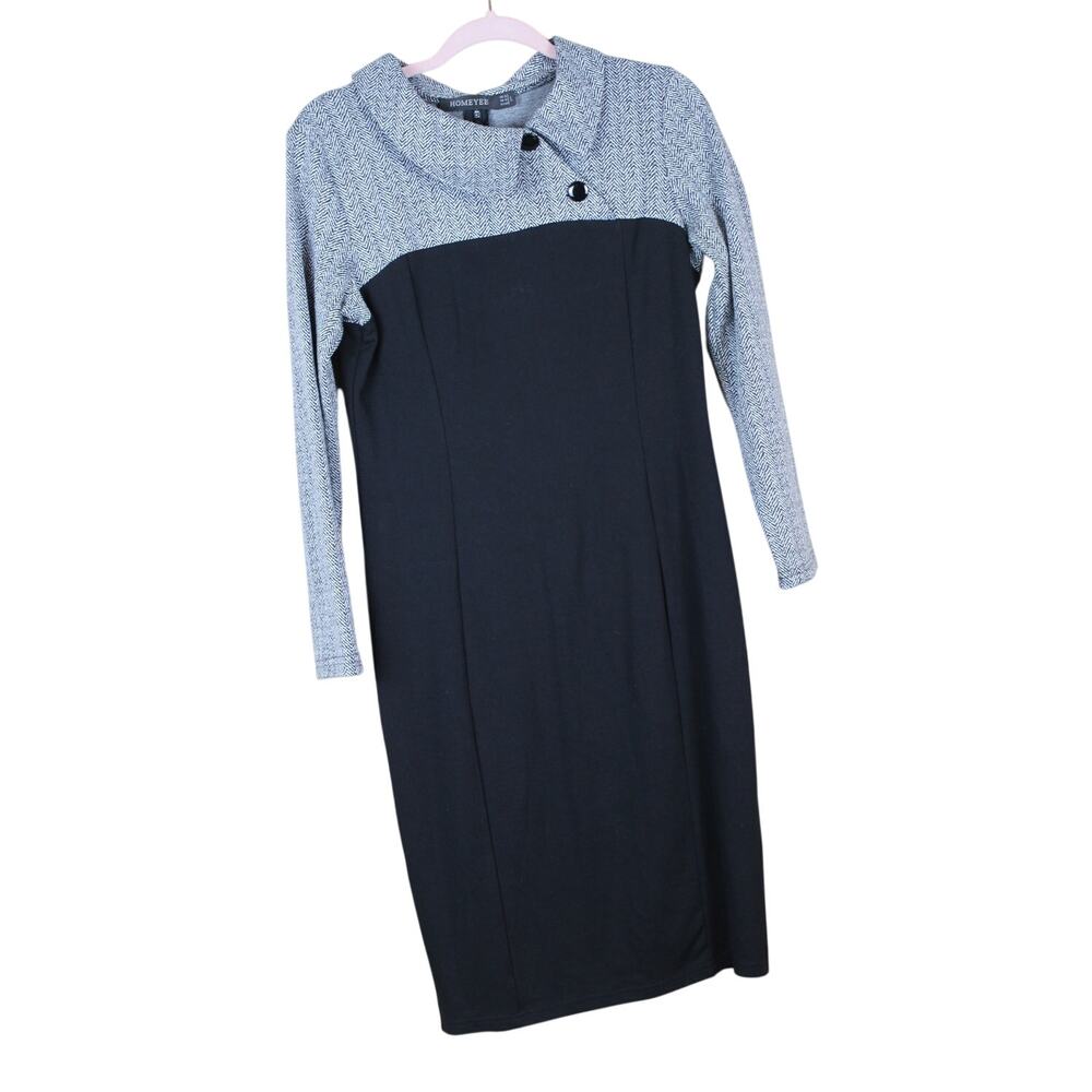Homeyee Black Grey Colorblock Tunic Career Retro Inspired Chic Sheath Midi Dress